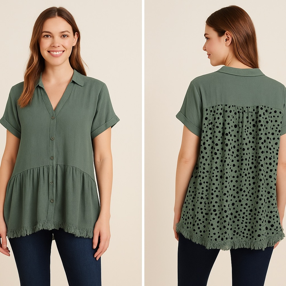 Umgee Green Button-Down Tunic with Polka Dot Back – Size L
